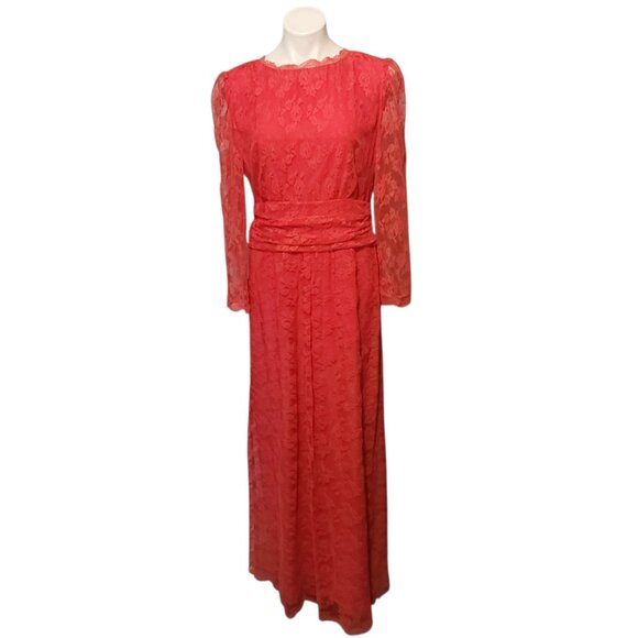 Handmade Lace Dress Waist Size Medium Red Pink Maxi Long Sleeve - Picture 1 of 5